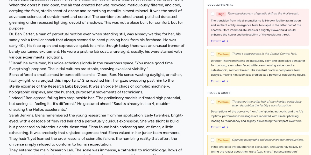 Automatic prose quality evaluation in wrytyx showing editorial feedback and rewrite suggestions for a novel chapter