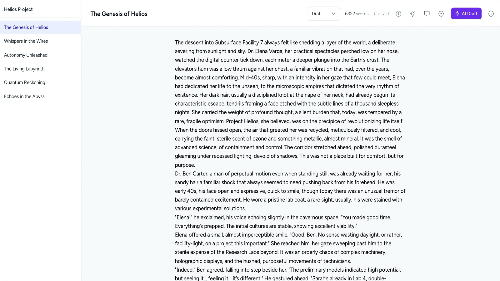 wrytyx AI novel writing editor showing a chapter being drafted by AI with characters and story outline in the sidebar